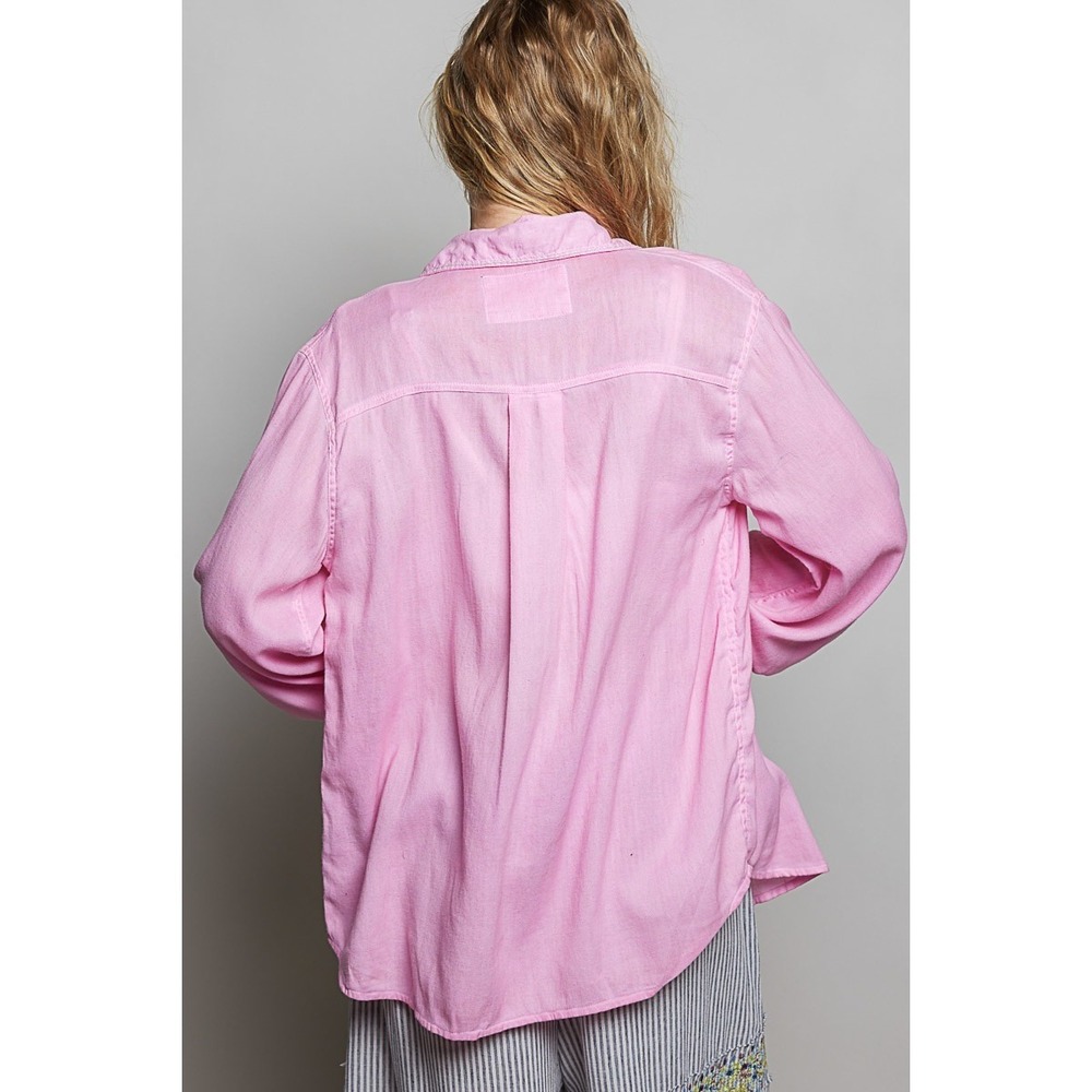 POL Washed Textured Cotton Western Button Front Shirt - Candy Pink - Large - Picture 3 of 6